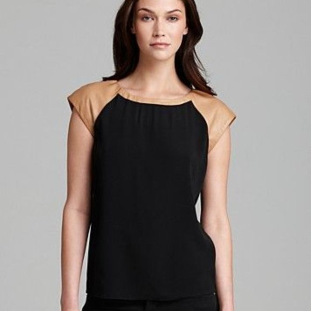 Diane von Furstenberg Valentine Lamb Leather Sleeve Black Relaxed Top Tee Blouse
